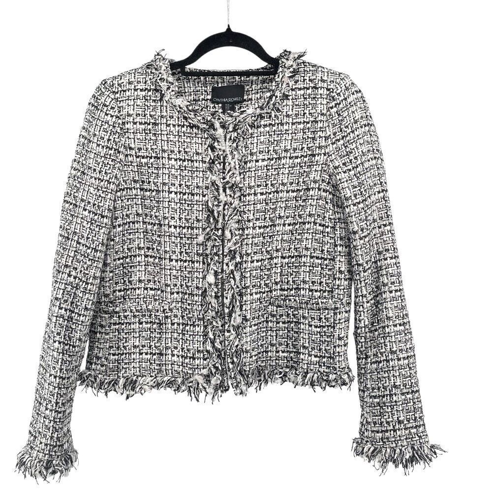 Cynthia Rowley Tweed Blazer Black White Gold Metallic Fringe Trim Jacket Medium